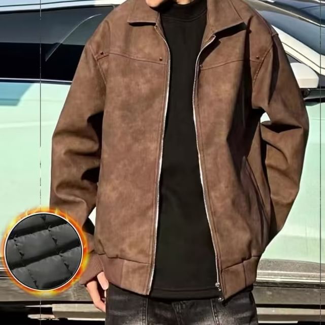 Ateso-Faux Leather Collared Zip-Up Jacket