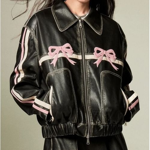 Rosesand - Long Sleeve Faux Leather Striped Bow Applique