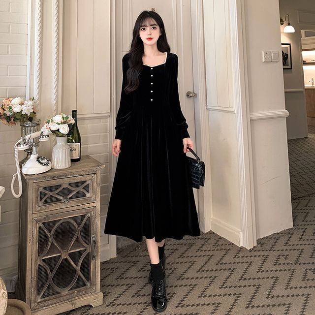 Smiler - Long-Sleeve Square Neck Plain Faux Pearl Button Velvet Midi A-Line  Dress | YesStyle