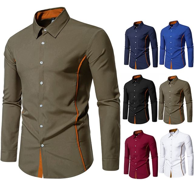 Sheck-Long-Sleeve Contrast Trim Button-Up Shirt
