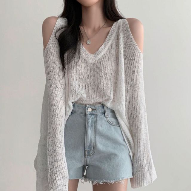 Rosesand-Langärmliger schlichter Pullover mit V-Ausschnitt und kalter Schulter
