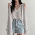 Rosesand - Long Sleeve V-Neck Cold-Shoulder Plain Sweater | YesStyle