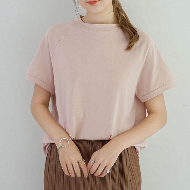 PERKARP-Cap-Sleeve Mock Neck Plain T-Shirt