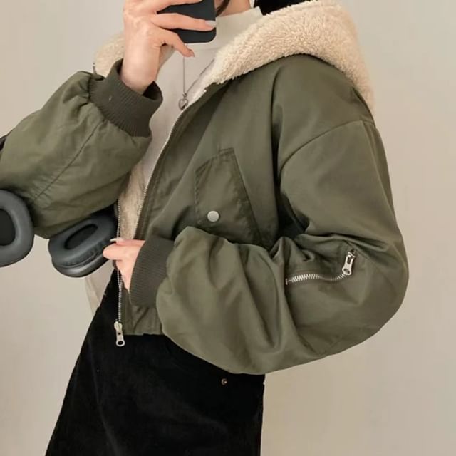 MIKIGA-Long Sleeve Lapel Neck Fleece Lined Cropped Zip Jacket