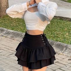 Solvor - Tiered Lace-Up Mini A-Line Skirt