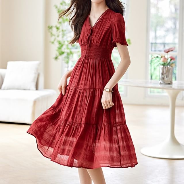 Kwuartz - Short-Sleeve V-Neck Plain Lace Trim Midi A-Line Dress | YesStyle