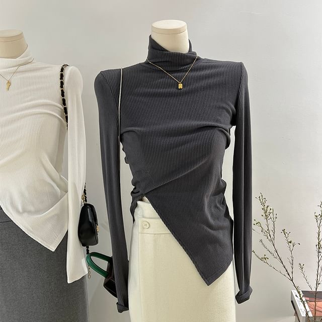 Dragan Pulse-Long Sleeve Turtleneck Plain Asymmetrical Top