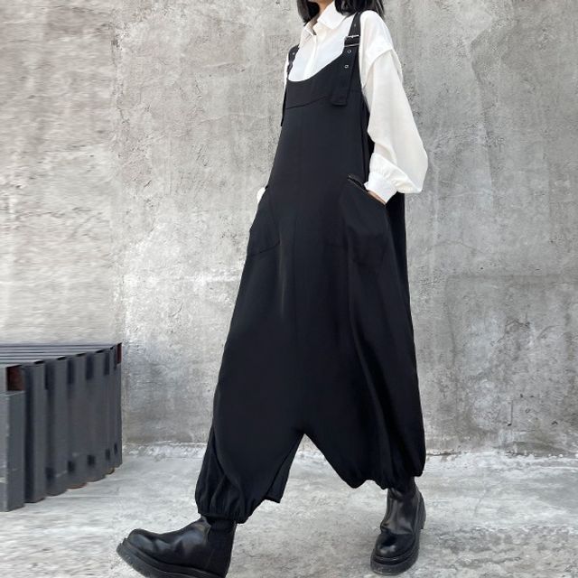knee length dresses for ladies Lace Trim Button Decor Pockets Overalls Midi Pinafore Dress, Beige / M main image 1