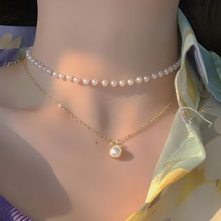 Layered Pearl Diamante Drop Necklace Multi Chains Choker Double Layer Two 3UAD 