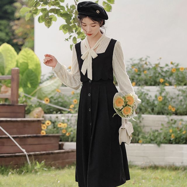 sansweet - Long-Sleeve Tie-Neck Two Tone Midi A-Line Dress