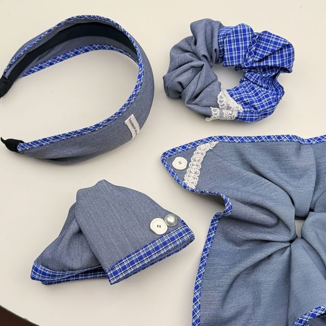 Gemsha-Plaid Panel Hair Claw Scrunchie Headband