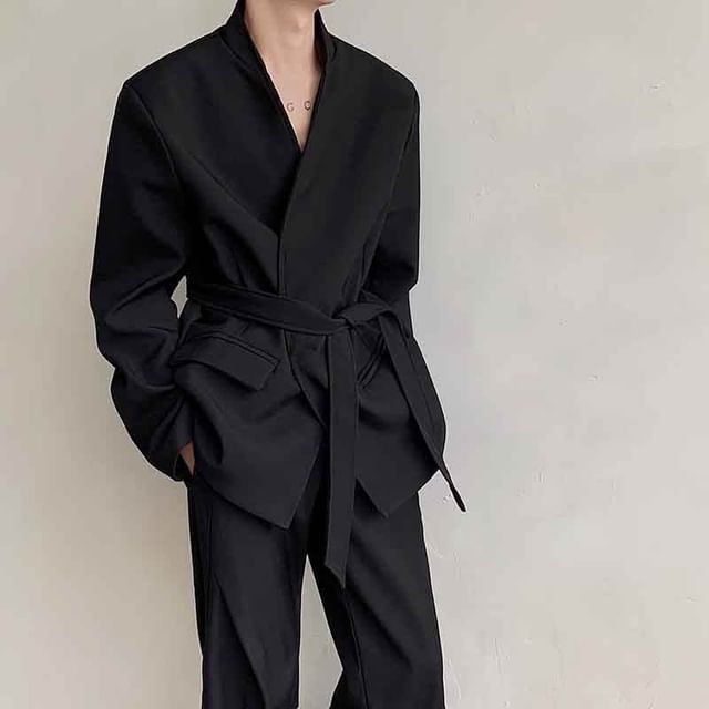 Orungeetun-V-Neck Plain Concealed Button Tie-Waist Blazer