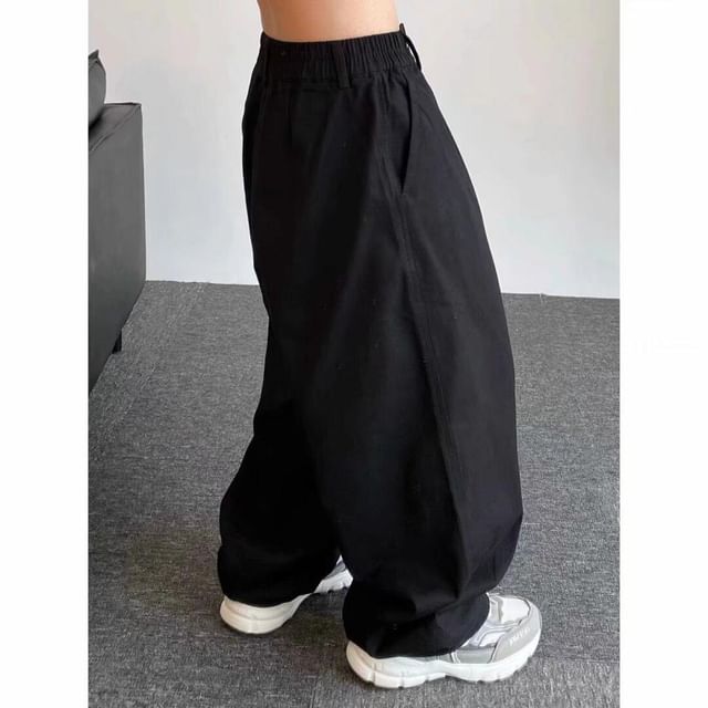 Real Boy-Elastic Waist Plain Baggy Pants