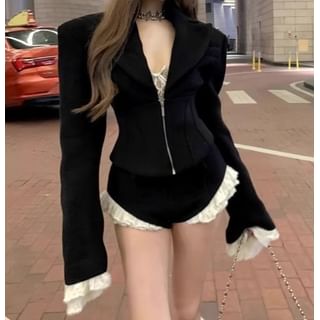 Trendycas-Lapel Collar Plain Zip Crop Jacket Mid Rise Plain Ruffle Trim Shorts