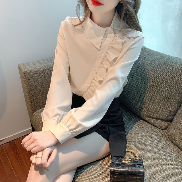 Lewwe-Long-Sleeve Collared Plain Ruffled Asymmetrical Button-Up Blouse