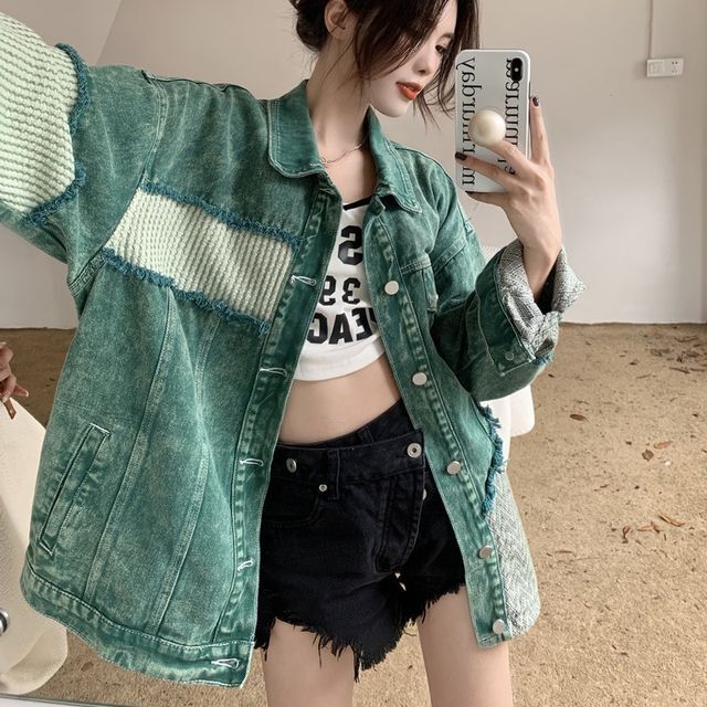 Sienne-Collared Panel Button-Up Cropped Denim Jacket