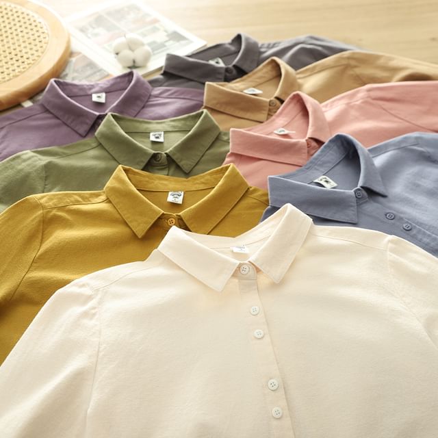 PANDAGO-Long Sleeve Collar Plain Shirt