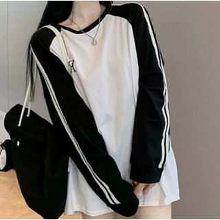 Dreamkura Long-Sleeve Round Neck Lettering Striped Oversized Tee Sale