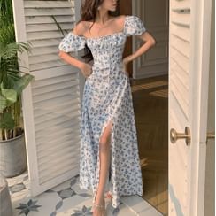 Kizmi - Puff-Sleeve Floral Print Slit Maxi A-Line Dress