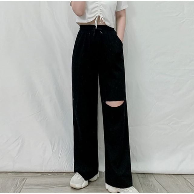 monroll-Drawstring Waist Plain Cutout Wide Leg Sweatpants