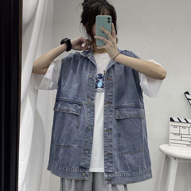 Everose-Denim Single-Breasted Vest