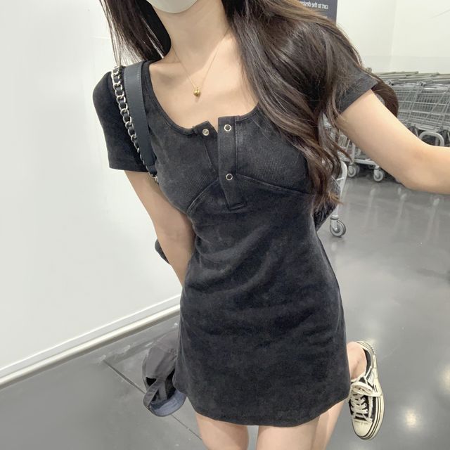 Jeans Kingdom - Short-Sleeve Square Neck Plain Mini Knit Bodycon Dress |  YesStyle
