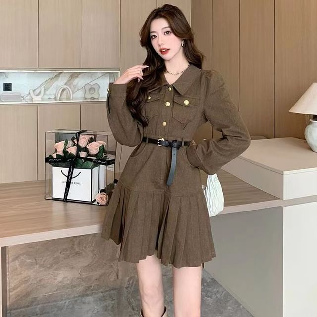Everose-Long-Sleeve Collared Plain Pleated Button Mini A-Line Cargo Dress