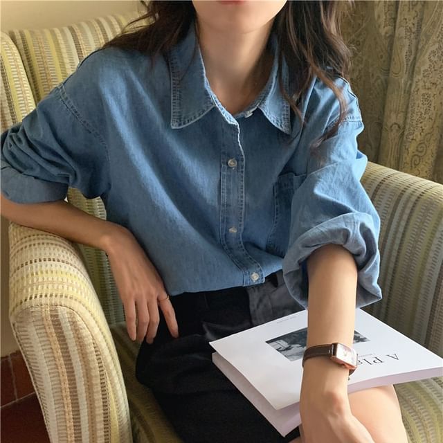 scenesweet-Long-Sleeve Washed Button-Up Denim Shirt