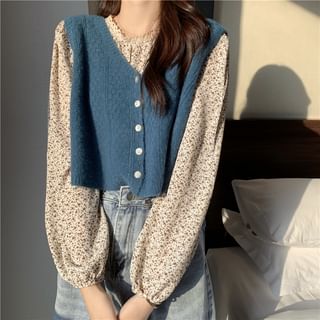 Moon City - Plain Crop Sweater Vest / Long-Sleeve Floral Blouse / Long-Sleeve Lace Top