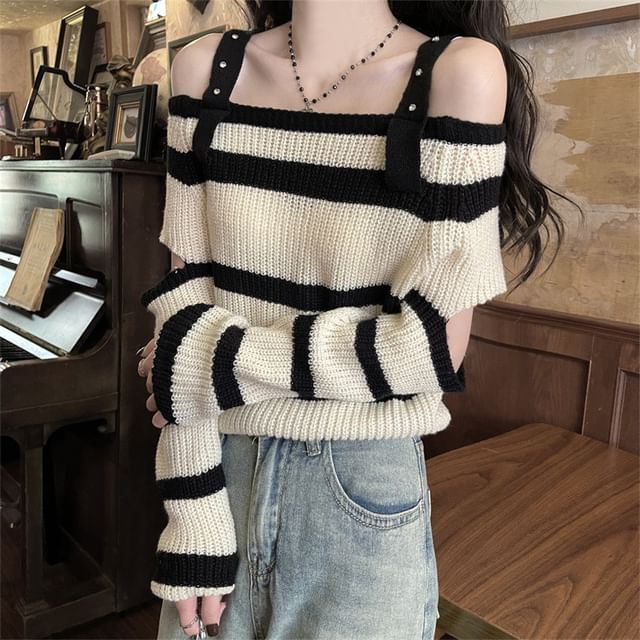 Sisyphi-Cold-Shoulder Striped Cutout Sweater