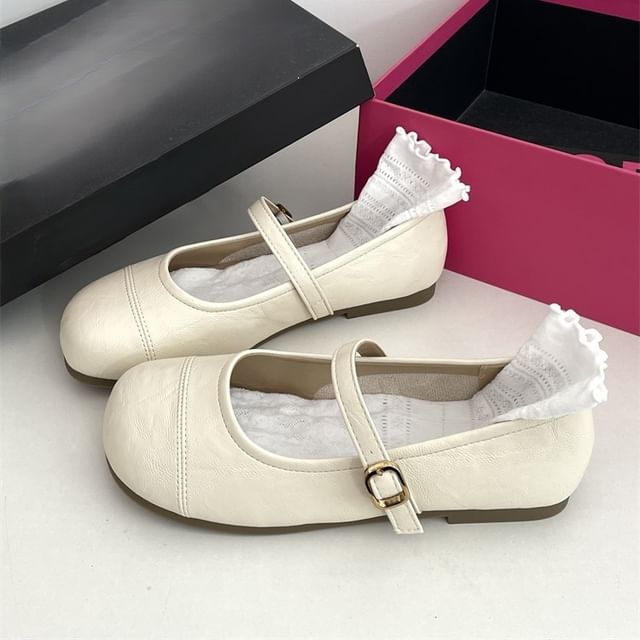 STEPUP-Plain Faux Leather Mary Jane Flats