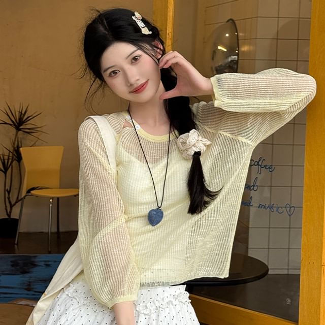 Shopherd-Long-Sleeve Round Neck Plain Ribbed Sheer Tee