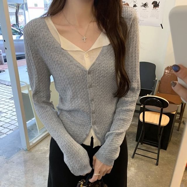satierra-Mock Two-Piece Long-Sleeve V-Neck Two Tone Button Knit Top