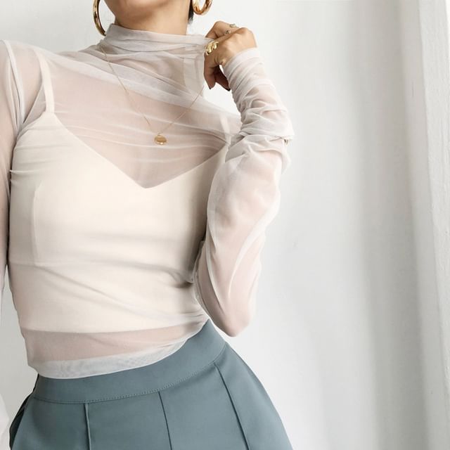 Tulstrix-Long-Sleeve Mock Neck Plain Sheer Top
