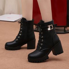 Raylove - Chunky Heel Lace-Up Belted Faux-Leather Short Boots