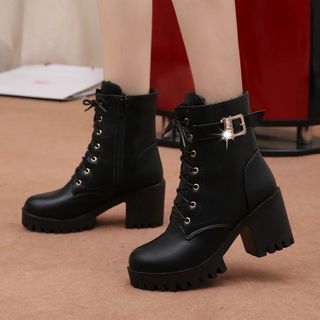 Raylove - Chunky Heel Lace-Up Belted Faux-Leather Short Boots | YesStyle