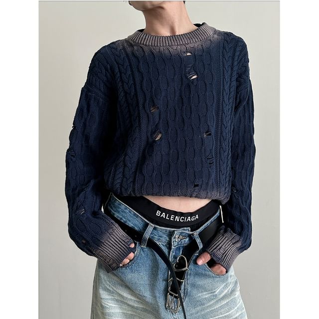 Nahagin-Crew Neck Washed Distressed Cable Knit Sweater