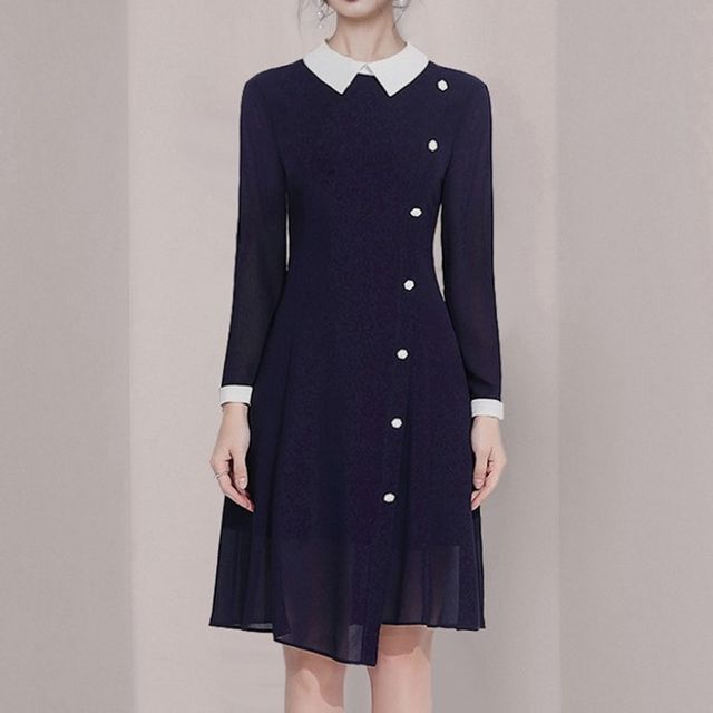 Aurora - Long-Sleeve Collared Asymmetrical Button-Up A-Line Chiffon Dress |  YesStyle