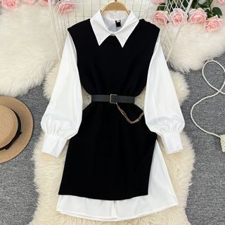 Moanum Set Long Sleeve Collared Plain Mini A Line Shirt Dress + Round