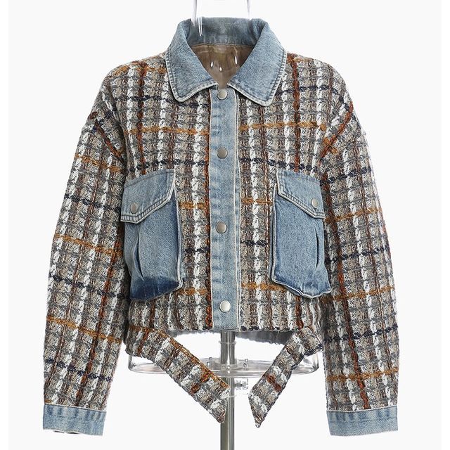 Glizzer - Tweed Denim Panel Button Jacket | YesStyle