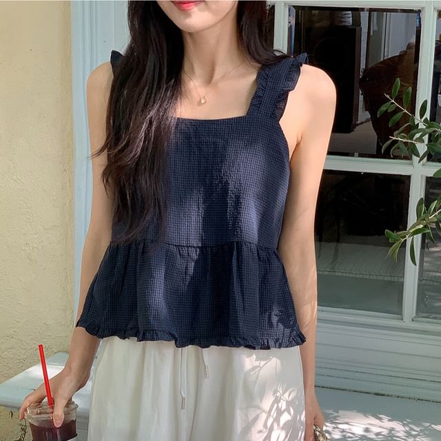 Moon City-Camisole-Top mit Rüschenriemen Bindeband hinten und Gingham-Schößchen