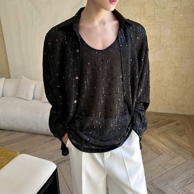 Freehop-Set Long-Sleeve Sequin Shirt Vest
