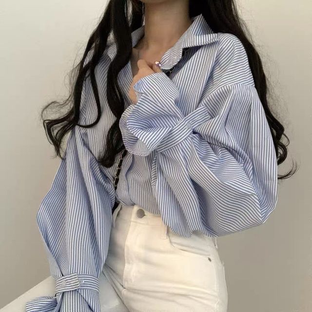 Sienne-Puff-Sleeve Striped Oevrsized Shirt