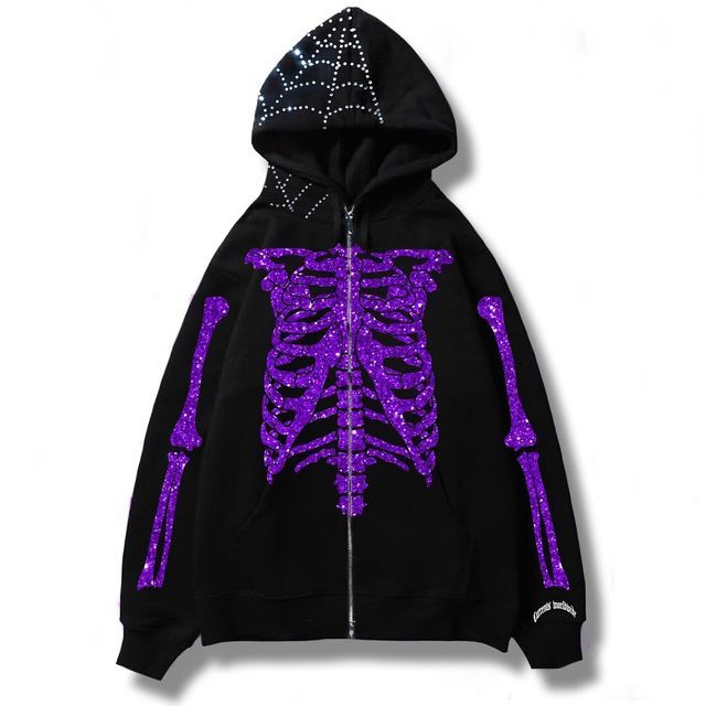 Long-Sleeve Rhinestone Spider Web & Skeleton Zip Hoodie