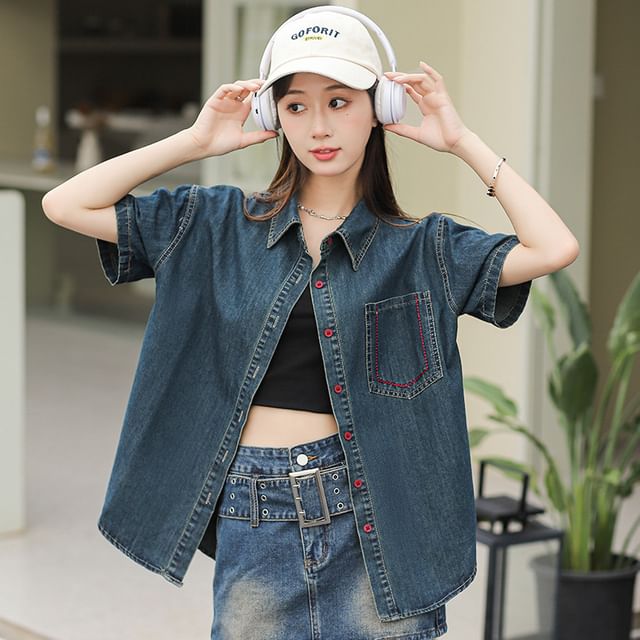 Seven Fairies - Short-Sleeve Contrast Stitched Washed Button