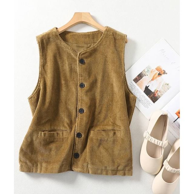 Lewwe-Corduroy Round Neck Plain Button Down Vest