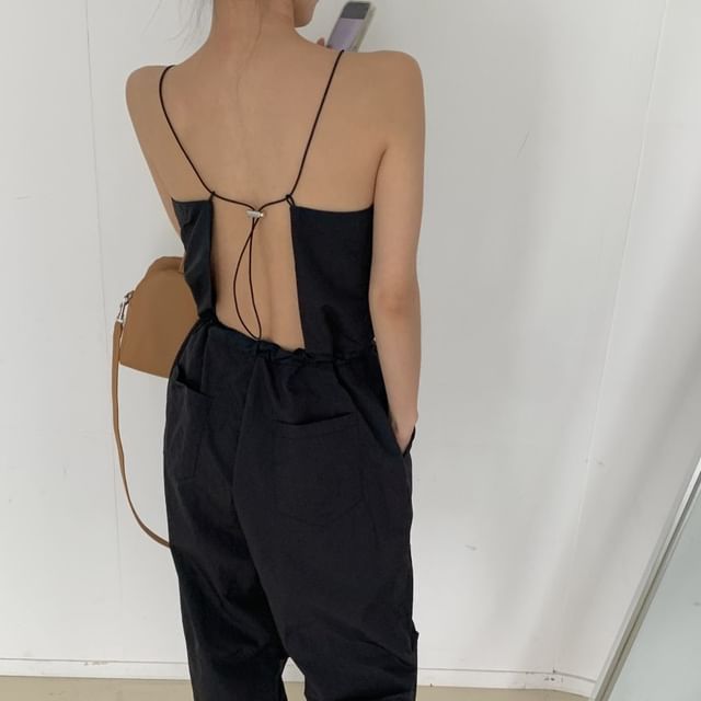 Coris-Spaghetti Strap Plain Backless Tie Up Jumpsuit