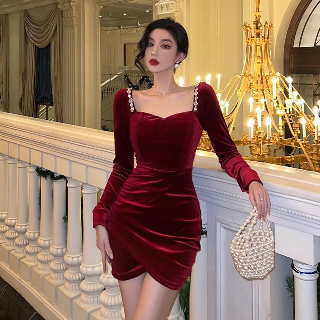 sachin and babi light blue dress Sodoo - Long-Sleeve Square Neck Plain Velvet Mini Bodycon Party Dress