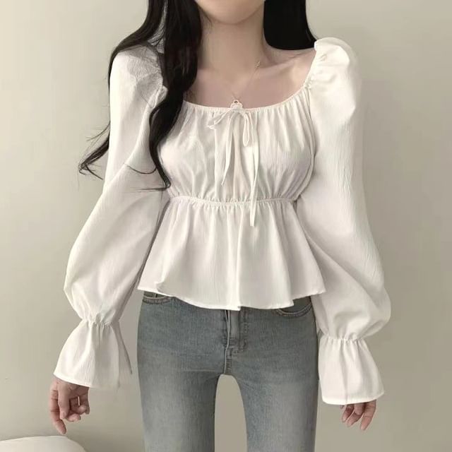 Happo-Long-Sleeve Square Neck Plain Blouse