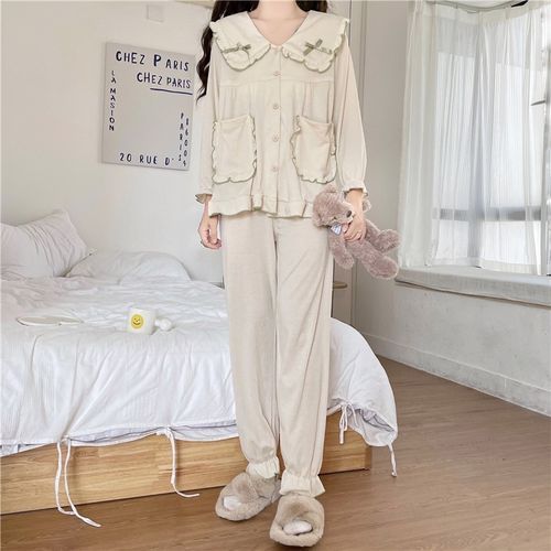 Gecko Pajama Set Long Sleeve Plain Top Pants YesStyle